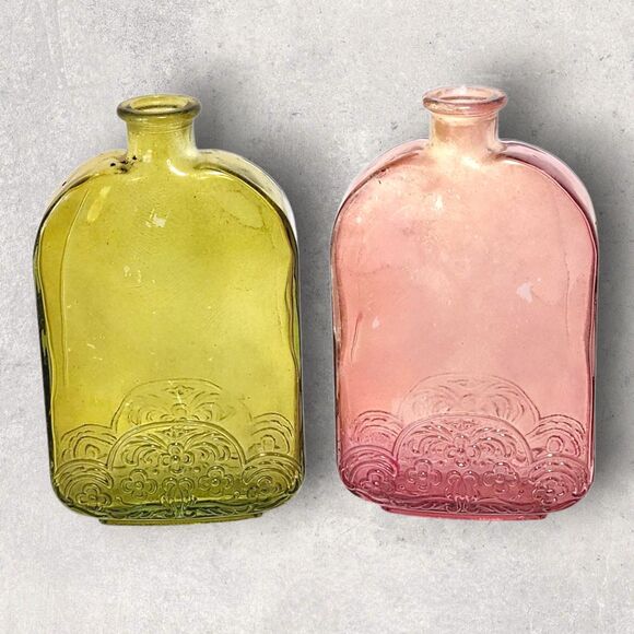 Vidrios De Levante Recycled Glass Bottles Pink & Green Embossed Spain MCM Decor - Picture 7 of 10